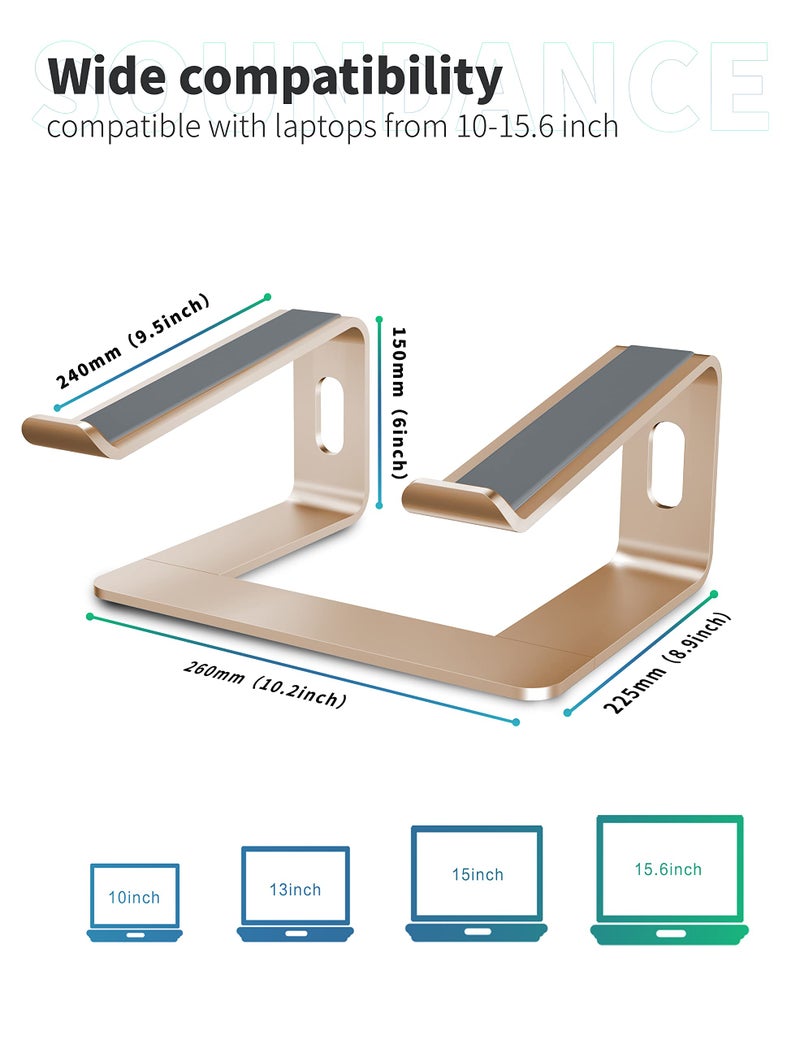 SOUNDANCE Laptop Stand, Aluminum Computer Riser, Ergonomic Laptops Elevator for Desk, Metal Holder Compatible with 10 to 15.6 Inches Notebook Computer, Champagne Gold - Image 2