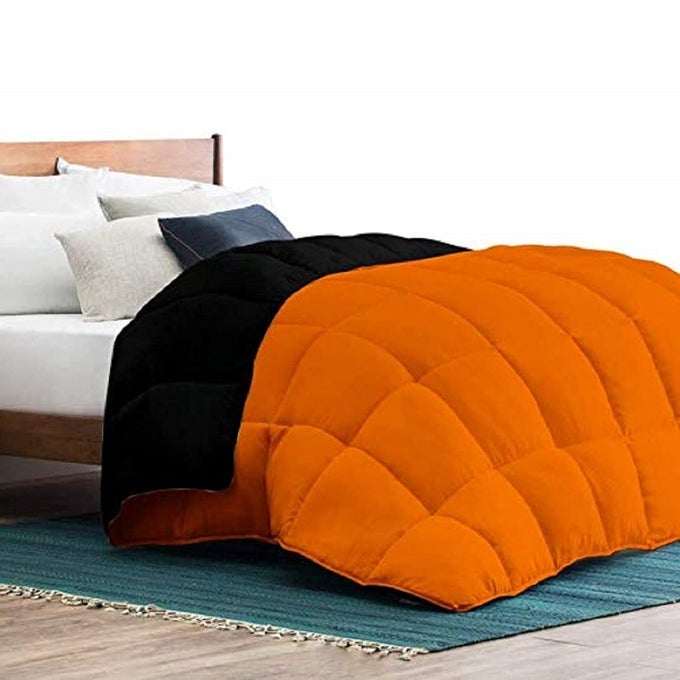TUNDWALS MICROFIBRE 200 GSM REVERSIBLE SOLID DOUBLE COMFORTERBLANKETS FOR WINTERSQUILTSDUVETS ORANGEBLACK MICROFIBRE