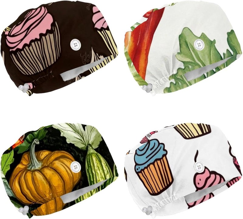 Adjustable Working Cap, 4 Packs Cartoon Vegetable (3) Surgical Cap Sweatband, Tie Back Hat - Image 1