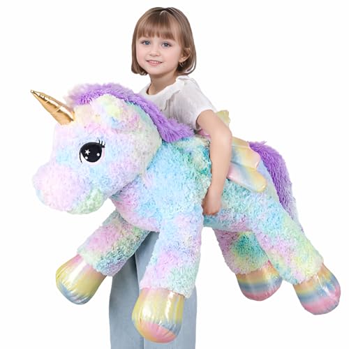 FFxiong 44 Inch Giant Rose Rainbow Unicorn Stuffed Animal Plush Toy with Wings Soft Cute Large Unicorn Plushies Animals Body Pillow Gift for Children Boy Girl Kids Birthday Valentine Room Decorations - Image 1