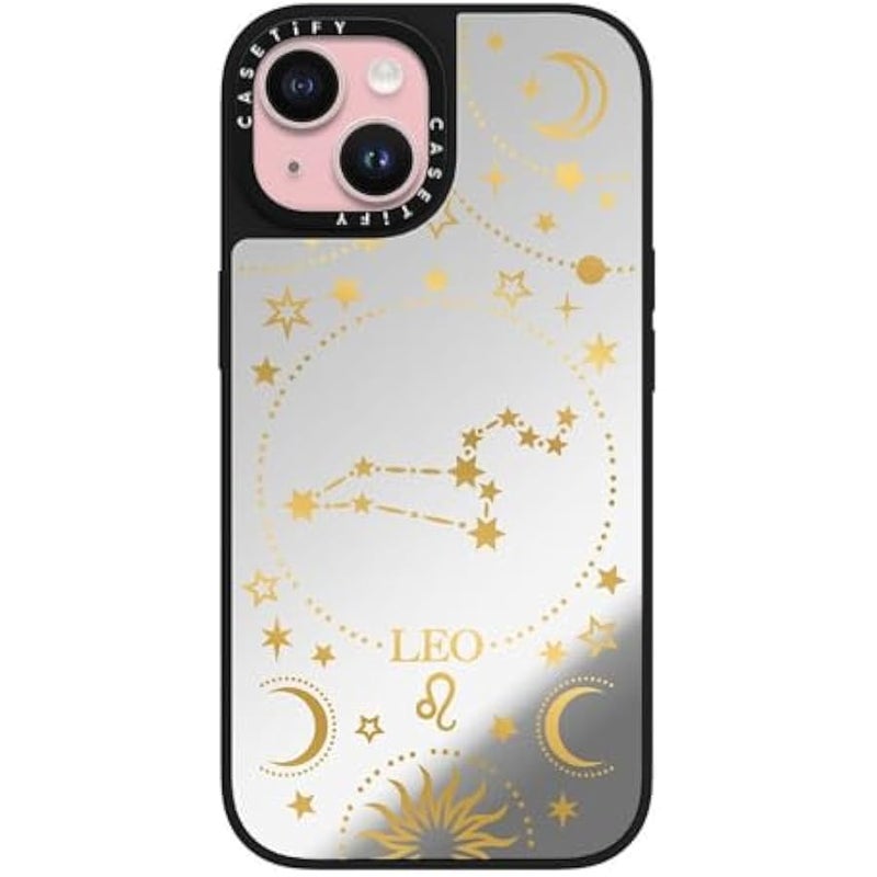 كاستيفي CASETiFY Mirror iPhone 15 Case 【Reflective / 4.9ft Drop Protection/Compatible with Magsafe】 - Zodiac Star Sign : Leo - Silver on Black - Image 1