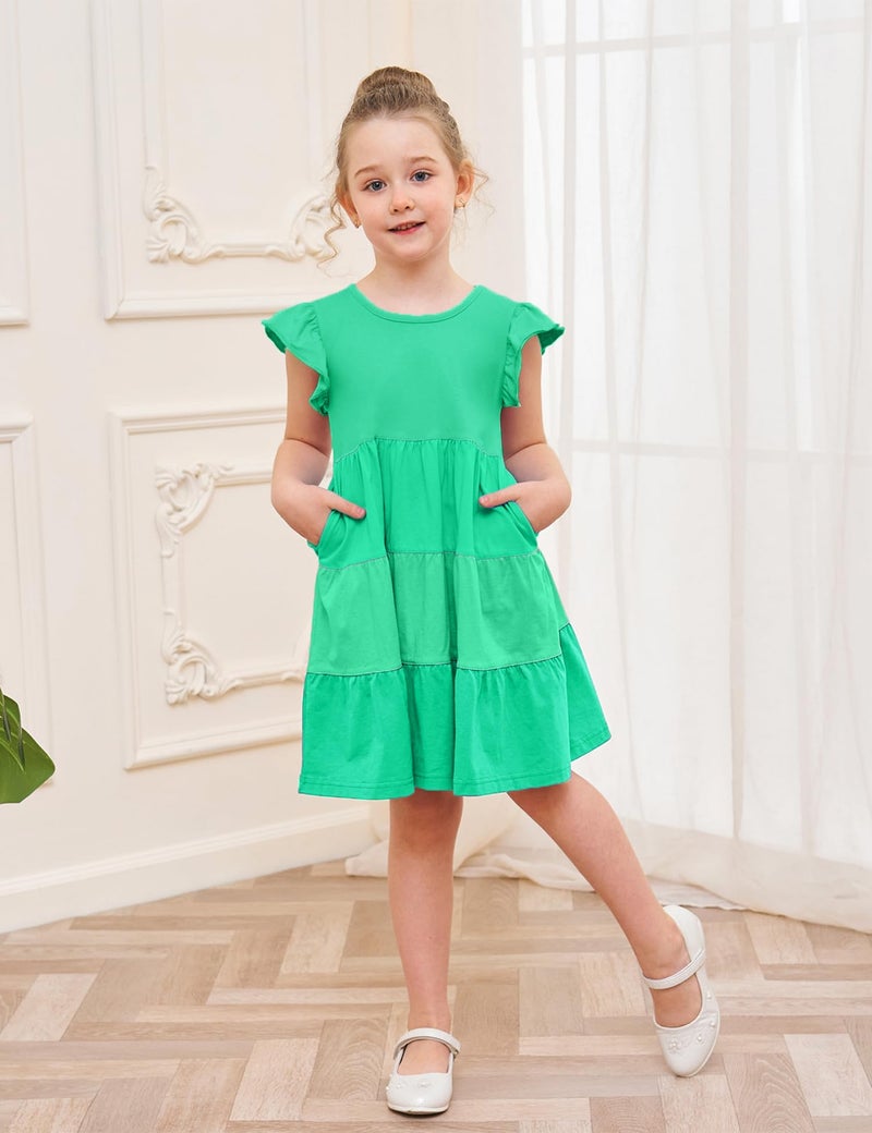 Bumeex Girls Dress Kids Summer Spring St. Patrickâ€™s Day Outfits Cotton Pocket Sleeveless Twirly Casual Playwear Sundress Clothing Clothes Solid Greeen Size 10-11 Years Green - Image 3