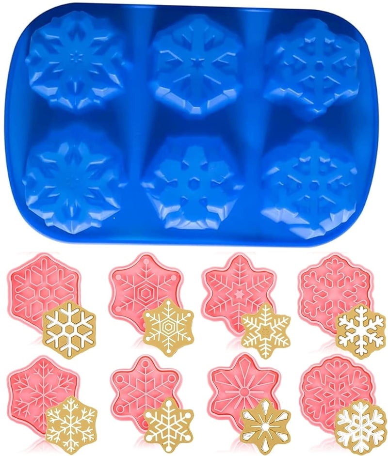 Bake House Snowflakes Combo Silicone Molds 6 Cavity and 8 Pcs Winter Snowflake Cookie Cutters with Plunger Stamps Set 3D for Making Soap Muffins Chocolates Snowflake Cookie Cutter for Baking Snowflake - Image 1