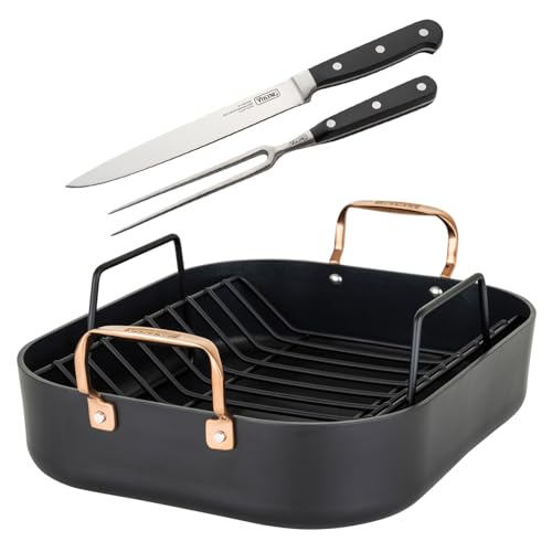 Viking Hard Anodized Aluminum Nonstick Roasting Pan with Non Stick Rack and Carving Set 16 x 13 Inch Kitchen Cookware Dishwasher and Oven Safe Dark Grey