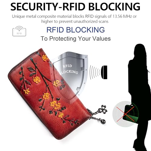 SHARPAD Wallet Genuine Leather for Women - with RFID Blocking Card checkbook ID Slot Large Capacity Vintage style (flower red) - Image 2
