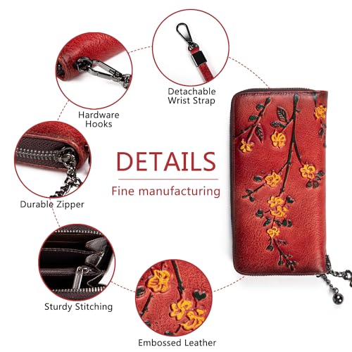 SHARPAD Wallet Genuine Leather for Women - with RFID Blocking Card checkbook ID Slot Large Capacity Vintage style (flower red) - Image 4