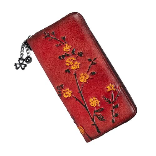 SHARPAD Wallet Genuine Leather for Women - with RFID Blocking Card checkbook ID Slot Large Capacity Vintage style (flower red) - Image 1