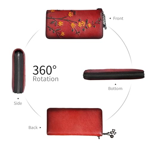 SHARPAD Wallet Genuine Leather for Women - with RFID Blocking Card checkbook ID Slot Large Capacity Vintage style (flower red) - Image 5