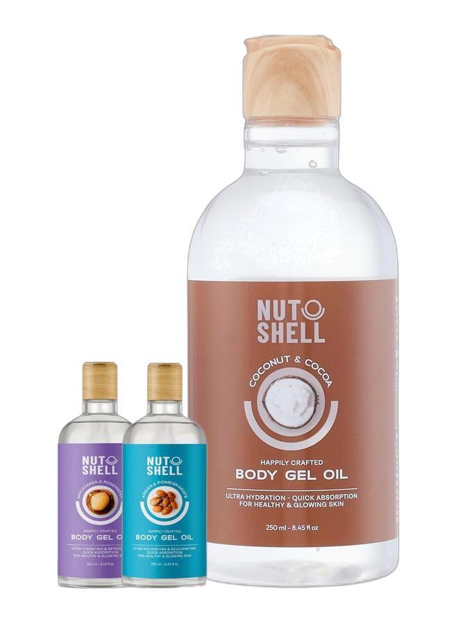 NUTSHELL Argan & Pomegranate Body Gel Oil 250ml & Coconut & Cocoa - Body Gel Oil 250ml & Macadamia & Rose Water - Body Gel Oil 250 ml Bundle - Image 1