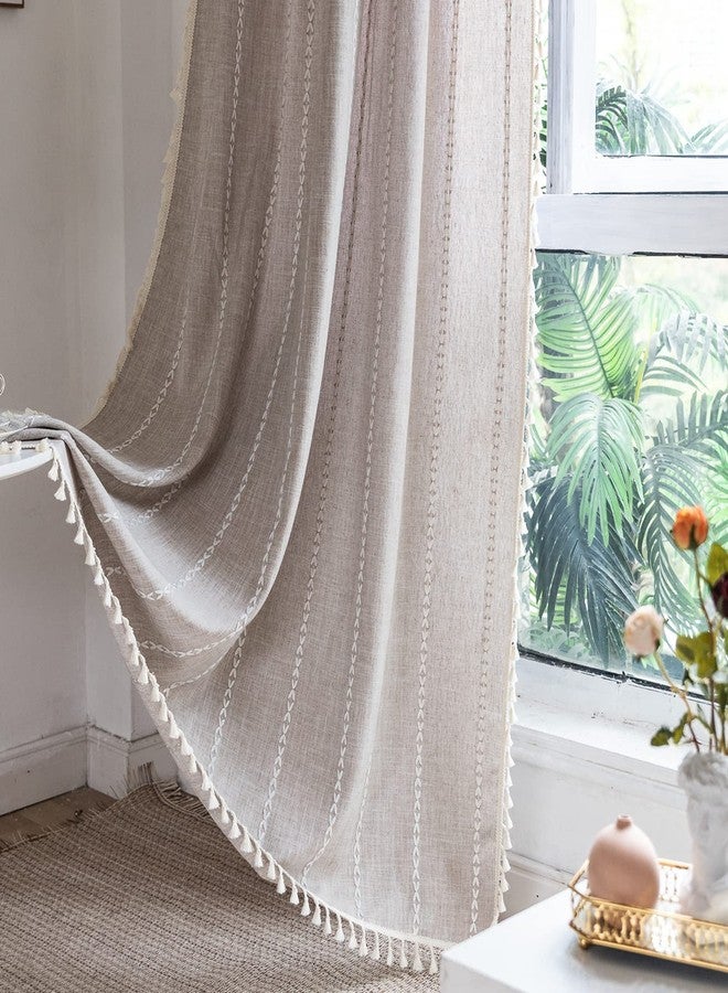RoomTalks Boho Farmhouse Curtains for Bedroom Living Room 96 Inch Length 2 Panels in Tan French Cabin Rustic Country Cute Cotton Polyester Window Curtain Panels Bohemian Chic Tassel Draperies - Image 1