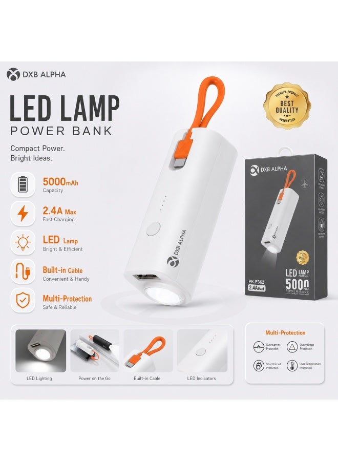 KEMET PK-E362 LED Lamp Power Bank with Built-In Type-C Cable, 5000mAh, 2.4A Max, White - Image 5