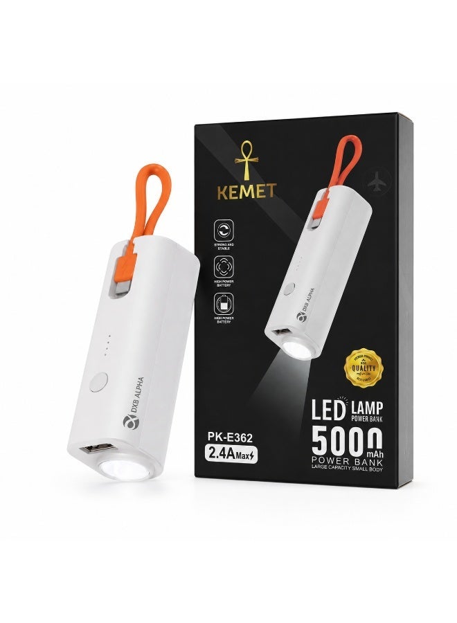 KEMET PK-E362 LED Lamp Power Bank with Built-In Type-C Cable, 5000mAh, 2.4A Max, White - Image 1