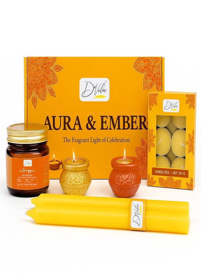 D'Velas D’Velas™ Aura & Ember Gift Box – Aromatherapy Candle, Scented Diyas, Cow Ghee Tealights & Colored Stick Candles | Luxury Holiday Hamper for Home Decor, Festive Celebration & Gifting - Image 4