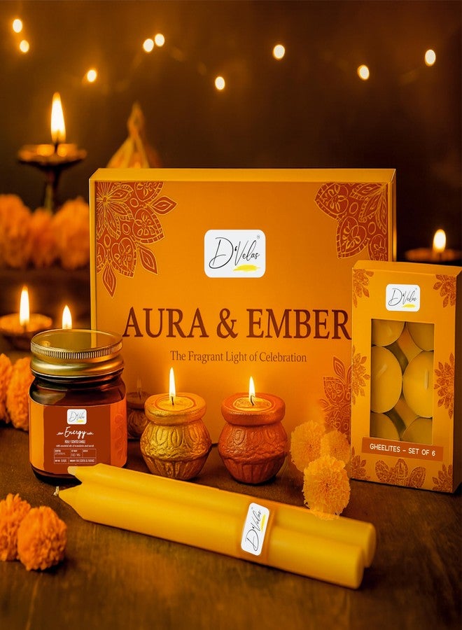 D'Velas D’Velas™ Aura & Ember Gift Box – Aromatherapy Candle, Scented Diyas, Cow Ghee Tealights & Colored Stick Candles | Luxury Holiday Hamper for Home Decor, Festive Celebration & Gifting - Image 1
