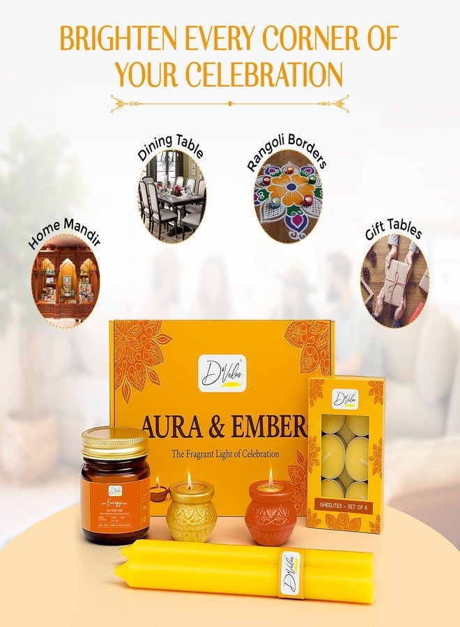 D'Velas D’Velas™ Aura & Ember Gift Box – Aromatherapy Candle, Scented Diyas, Cow Ghee Tealights & Colored Stick Candles | Luxury Holiday Hamper for Home Decor, Festive Celebration & Gifting - Image 3
