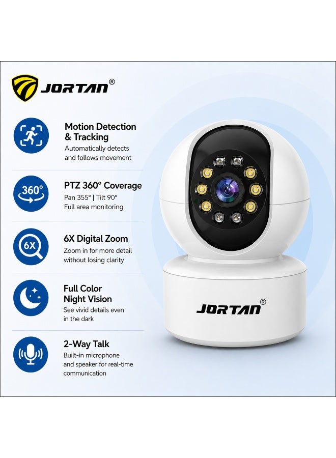 Jortan 1080P Intelligent Wi-Fi Cradle Head Indoor Camera, Baby Monitoring, IR and Color Night Vision, Two- Way Talking, Motion Detection, Motion Tracking, 360°/90° PTZ control Indoor Security Camera - Image 1