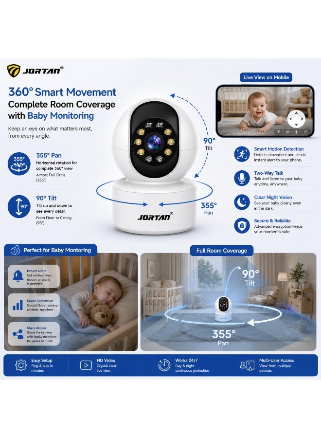 Jortan 1080P Intelligent Wi-Fi Cradle Head Indoor Camera, Baby Monitoring, IR and Color Night Vision, Two- Way Talking, Motion Detection, Motion Tracking, 360°/90° PTZ control Indoor Security Camera - Image 2