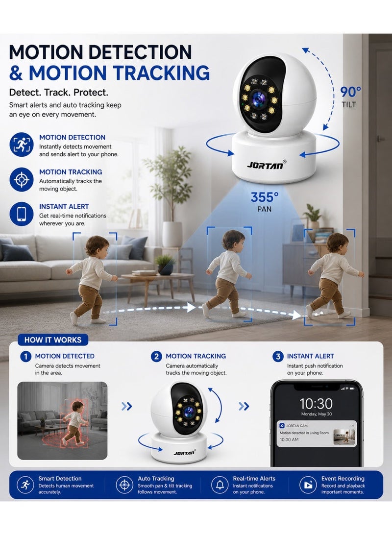 Jortan 1080P Intelligent Wi-Fi Cradle Head Indoor Camera, Baby Monitoring, IR and Color Night Vision, Two- Way Talking, Motion Detection, Motion Tracking, 360°/90° PTZ control Indoor Security Camera - Image 4