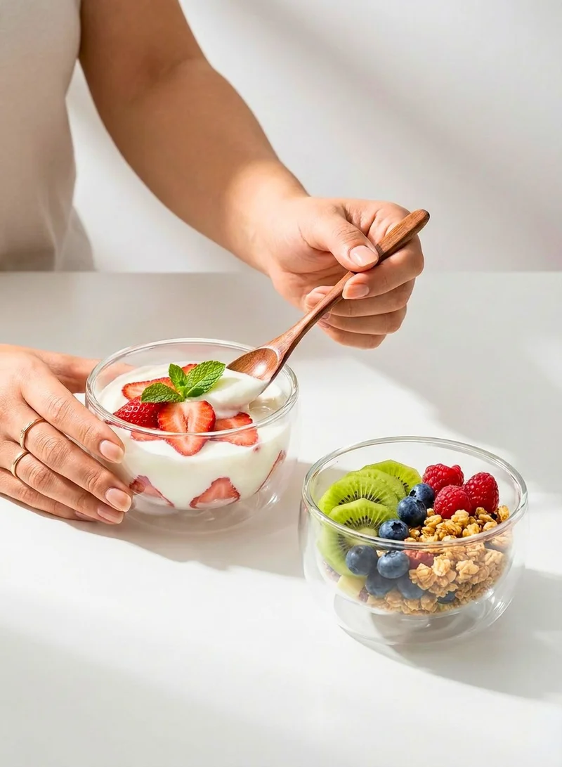 1Chase Double Wall Borosilicate Salad, Pasta, Matcha, Rice, Soup Bowl, Hot And Cold Serving Bowls Fruit Bowls Set of 2   300ML