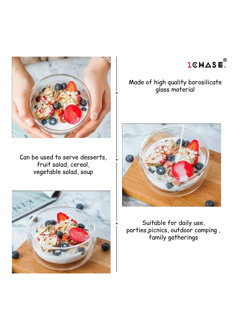 1Chase Double Wall Borosilicate Salad, Pasta, Matcha, Rice, Soup Bowl, Hot And Cold Serving Bowls Fruit Bowls Set of 2   300ML
