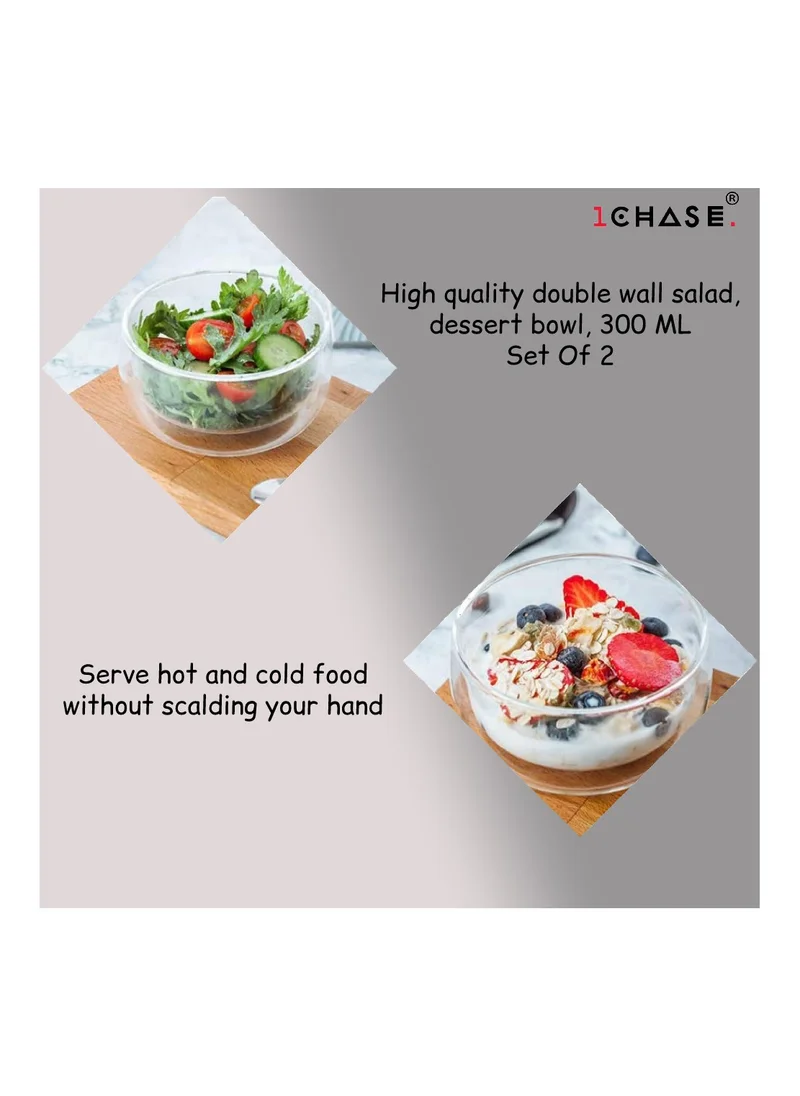 1Chase Double Wall Borosilicate Salad, Pasta, Matcha, Rice, Soup Bowl, Hot And Cold Serving Bowls Fruit Bowls Set of 2   300ML