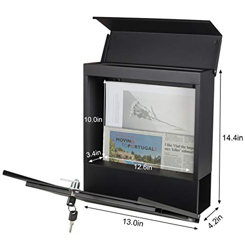 Decaller Metal Wall Mounted Mailboxes with Key Lock, Large Mail Box with Newspaper Compartment, Black, 13" x 14 2/5" x 4 1/5" - Image 2