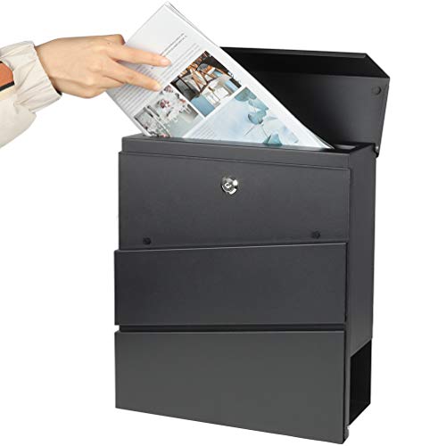 Decaller Metal Wall Mounted Mailboxes with Key Lock, Large Mail Box with Newspaper Compartment, Black, 13" x 14 2/5" x 4 1/5" - Image 3
