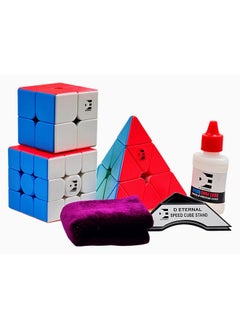 D ETERNAL D ETERNAL Complete Beginner Bundle Cube Combo Set of 2X2 3x3 and Pyramid Pyraminx Triangle High Speed Stickerless Magic Cube Puzzle with Cube Stand Pouch Bag and Lube Oil Gift Box Set  - Image 1