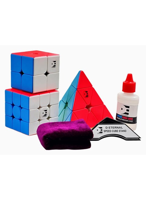 D ETERNAL Complete Beginner Bundle Cube Combo Set of 2X2 3x3 and Pyramid Pyraminx Triangle High Speed Stickerless Magic Cube Puzzle with Cube Stand Pouch Bag and Lube Oil Gift Box Set
