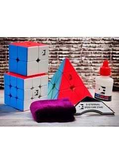 D ETERNAL D ETERNAL Complete Beginner Bundle Cube Combo Set of 2X2 3x3 and Pyramid Pyraminx Triangle High Speed Stickerless Magic Cube Puzzle with Cube Stand Pouch Bag and Lube Oil Gift Box Set  - Image 2