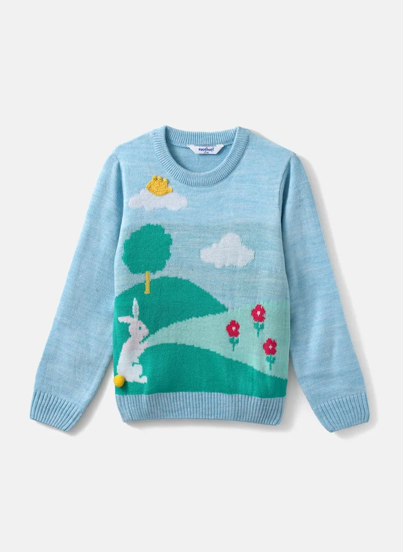 Nautinati Nautinati Girls' Blue Scenery Print Jacquard Design Warm Sweater