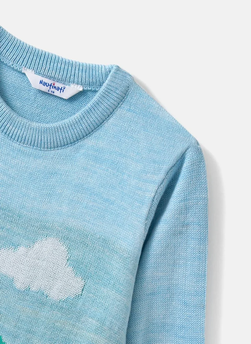 نوتيناتي Nautinati Girls' Blue Scenery Print Jacquard Design Warm Sweater