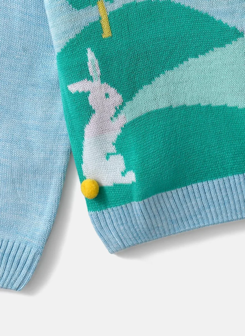 نوتيناتي Nautinati Girls' Blue Scenery Print Jacquard Design Warm Sweater