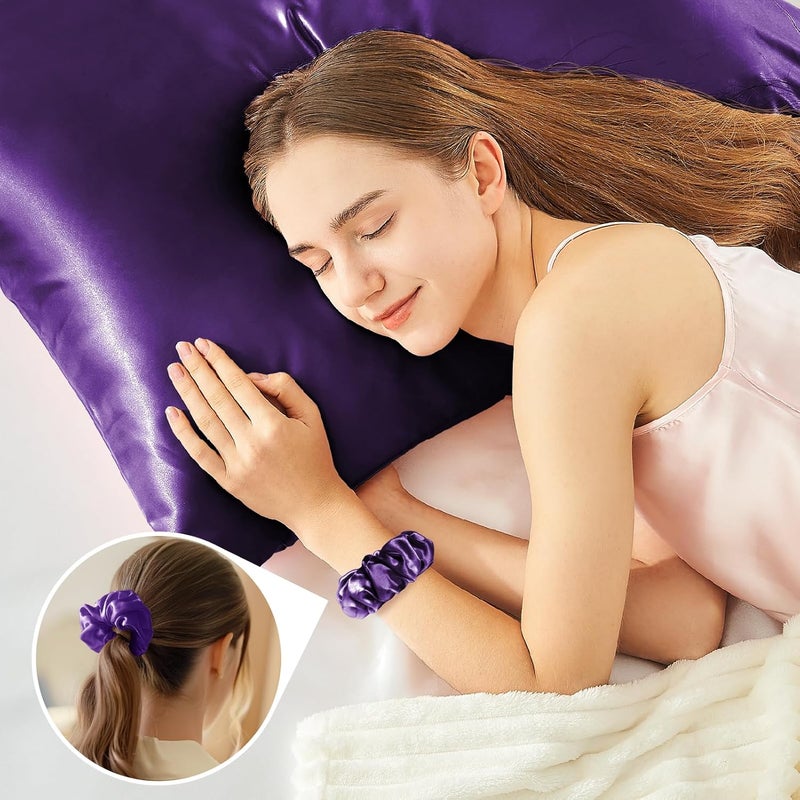 BEDELITE Satin Cushion Cover Set of 2 80 x 80 cm Purple | Silk Pillowcase Alternative, Soft for Summer, 2 Hair Bobbles Included, for Hair and Skin - Image 5