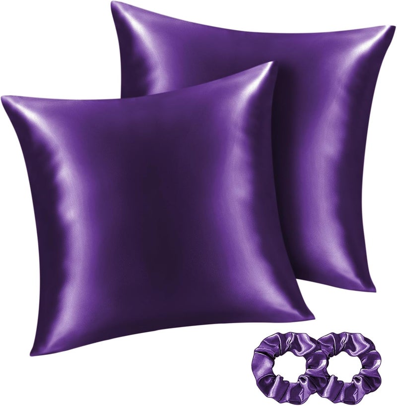 BEDELITE Satin Cushion Cover Set of 2 80 x 80 cm Purple | Silk Pillowcase Alternative, Soft for Summer, 2 Hair Bobbles Included, for Hair and Skin - Image 1