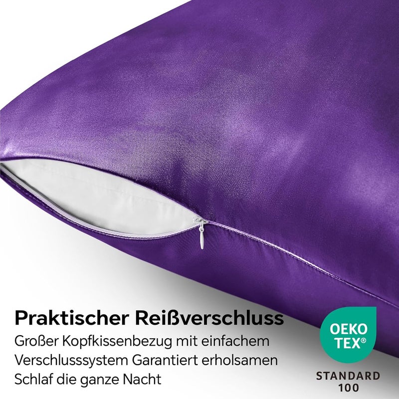 BEDELITE Satin Cushion Cover Set of 2 80 x 80 cm Purple | Silk Pillowcase Alternative, Soft for Summer, 2 Hair Bobbles Included, for Hair and Skin - Image 2