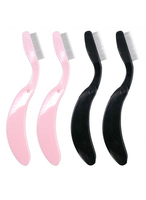 4PCS Folding Eyelash Comb, Eyebrow Comb Metal Teeth, Eyelash Separator Comb, Eyelash Brush and Comb, Professional Tool for Define Lash & Brow (Pink)