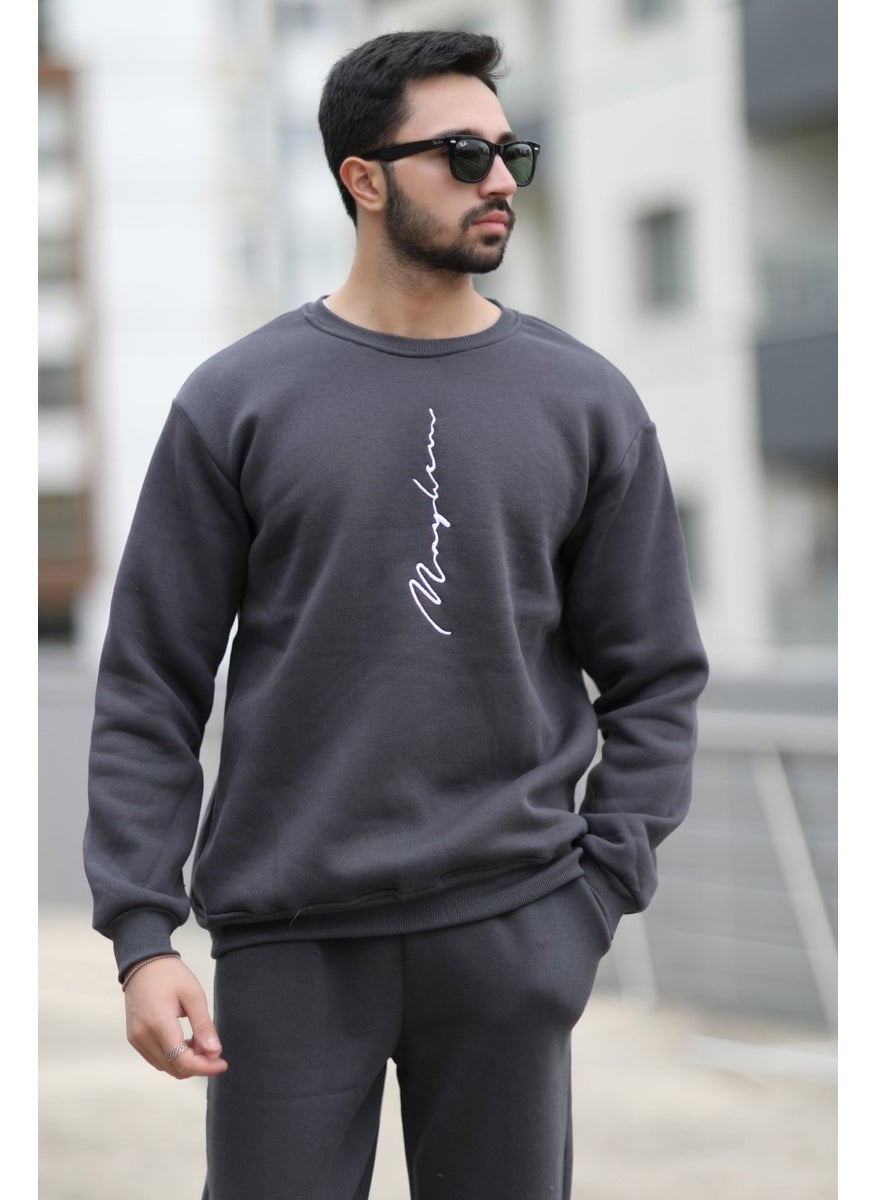 JOHN BORNERS - Men's Polar Fleece Winter Sweatshirt Anthracite Handwritten Embroidered 3 Thread Raised O Neck - 10021 - Image 1