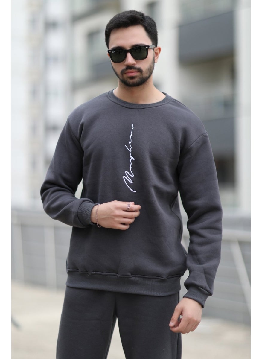 JOHN BORNERS - Men's Polar Fleece Winter Sweatshirt Anthracite Handwritten Embroidered 3 Thread Raised O Neck - 10021 - Image 1