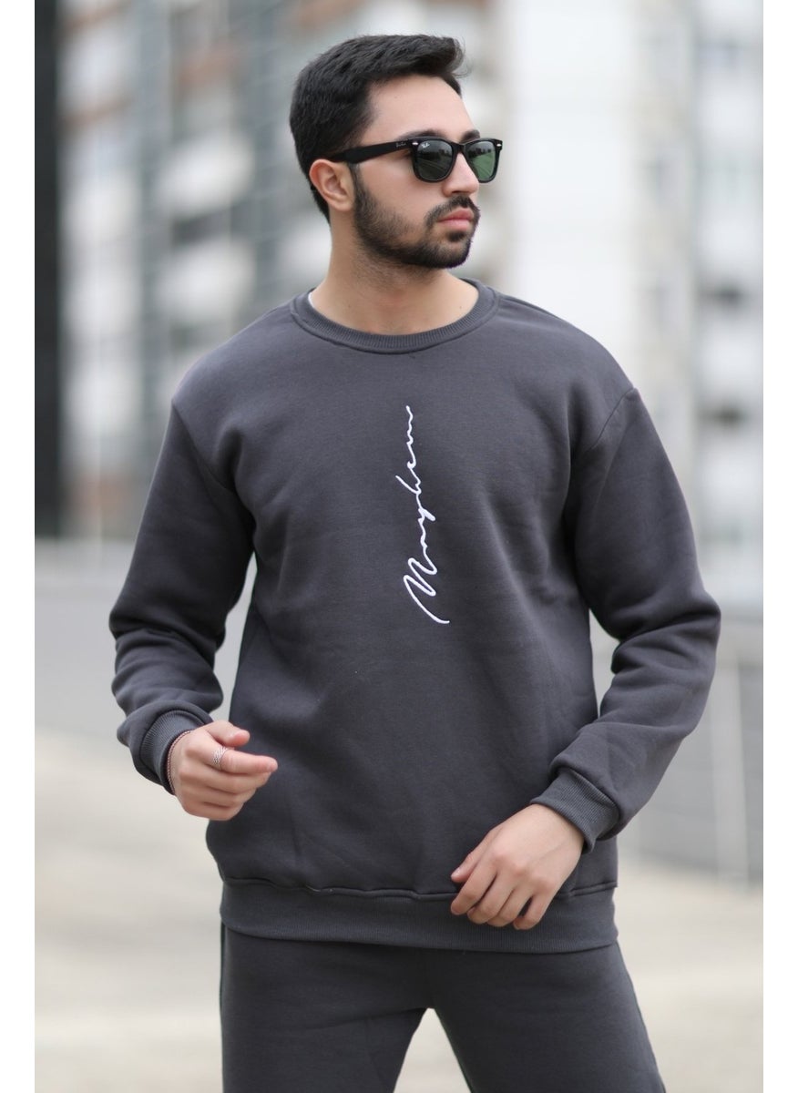 JOHN BORNERS - Men's Polar Fleece Winter Sweatshirt Anthracite Handwritten Embroidered 3 Thread Raised O Neck - 10021 - Image 1