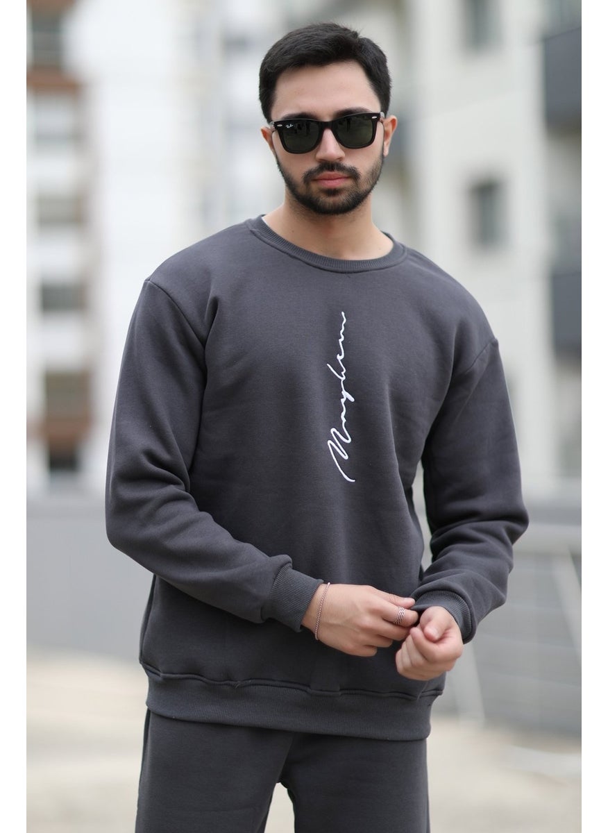 JOHN BORNERS - Men's Polar Fleece Winter Sweatshirt Anthracite Handwritten Embroidered 3 Thread Raised O Neck - 10021 - Image 1