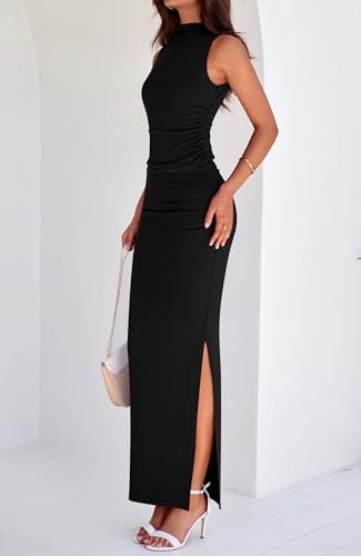 BTFBM Summer Two Piece Skirt Set for Women 2025 Dressy Lightweight Sleeveless Knit Top Going Out Split Maxi Skirt Set Black - Image 4