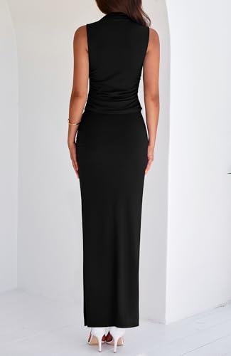 BTFBM Summer Two Piece Skirt Set for Women 2025 Dressy Lightweight Sleeveless Knit Top Going Out Split Maxi Skirt Set Black - Image 3