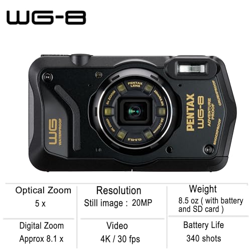 Pentax كاميرا مغامرات PENTAX WG-8 سوداء لجميع الأحوال الجوية، تتميز بأداء ممتاز مقاوم للماء والغبار والصدمات، مع ضوء حلقي متعدد الاستخدامات للتصوير الماكرو ووظيفة كاميرا الويب - Image 4