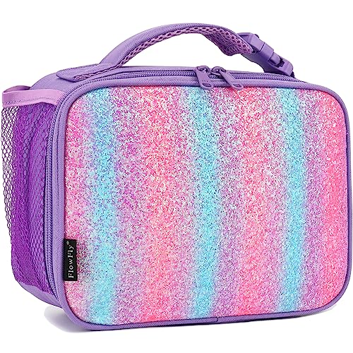 FlowFly Kids Lunch box Insulated Soft Bag Mini Cooler Back to School Thermal Meal Tote Kit for Girls BoysPurpleGlitter