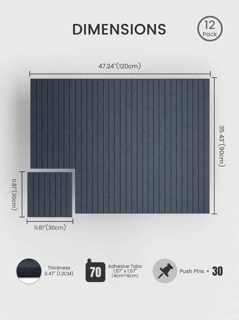 Bumusty Large Cork Board Alternative-48 x 36" Felt Bulletin Board Tiles, with 30 Pushpins, 70 Adhesive Tabs, 12-Pack Slat Wall Paneling, Cork Boards for Office Push Pin Board-Deep Charcoal Blue - Image 2