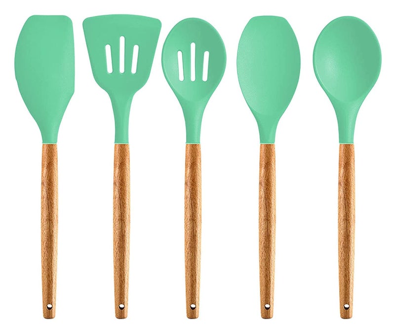P plus fire Set of 5 Piece Silicone spatulas Cooking Utensil Set with Natural Acacia Hard Wood HandleWOODEN5APPLUS Green - Image 1