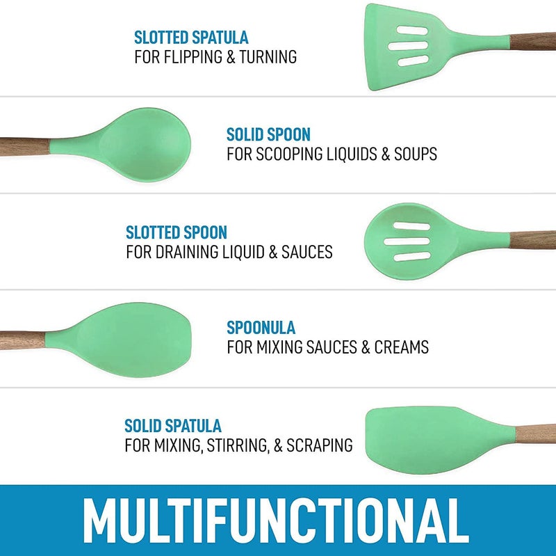 P plus fire Set of 5 Piece Silicone spatulas Cooking Utensil Set with Natural Acacia Hard Wood HandleWOODEN5APPLUS Green - Image 2