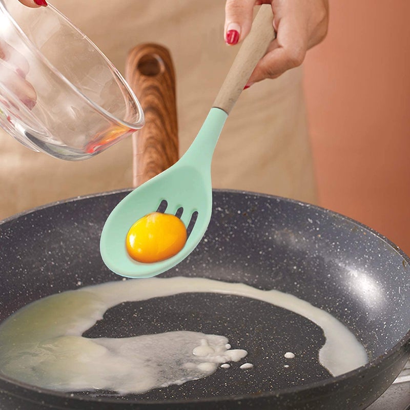 P plus fire Set of 5 Piece Silicone spatulas Cooking Utensil Set with Natural Acacia Hard Wood HandleWOODEN5APPLUS Green - Image 5