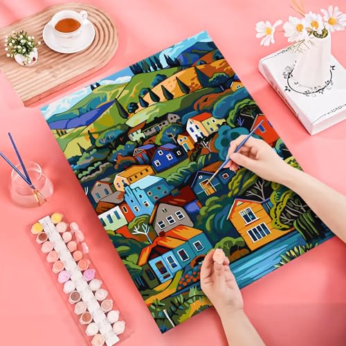 JATOK Paint by Numbers Kit for Adults Beginners, Village DIY Easy Acrylic Oil Painting by Numbers on Canvas, Paint-by-Numbers Drawing Kits for Gift Home Wall Decor Without Frame 16x20in - Image 3